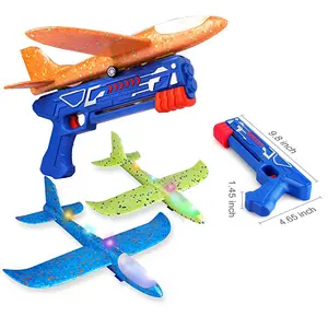 Kids Lighting Led Flying Airplane Launcher Toy 3 Pack Throwing Catapult Foam Glider Aircraft Plane Launch Gun Toy Wholesale