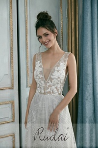 Ruolai PEV-L3042 Glitter <span class=keywords><strong>Tulle</strong></span> applicato Abendkleid Shinning scollo a v Aline abiti da sera <span class=keywords><strong>lunghi</strong></span> abiti da sera da ballo - Product Image 6