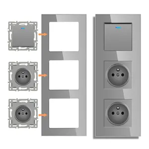 Module mural standard européen bricolage verre trempé panneau gris prise de courant bouton de commutation combinaison de fonction