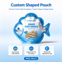 Sachet personnalisé de forme spéciale pour snacks de poisson séché, découpé sur mesure, haute barrière, qualité alimentaire, impression personnalisée, saveur fruits de mer, 40g, sans BPA
