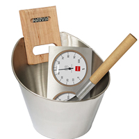 Offre Spéciale : Ensemble de Seau de Sauna en Acier Inoxydable Style Harvia avec Poignée, Louche et Thermohygromètre – Accessoires pour Sauna Finnois