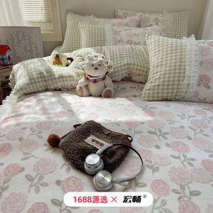 Class A Winter Milk Fleece Four-Piece <b>Bedding</b> Set Korean Style Warm Thickened Princess Lace Edge Anti-static - Product Image 5