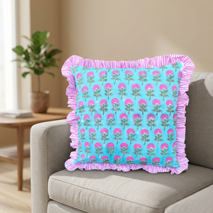 <b>Vintage</b> Floral Cotton Raffle Cushion Covers Bohemian Throw Pillows Handprinted Boho Trim <b>Sofa</b> <b>Bed</b> Pillow Cover Indian Cushion - Product Image 2