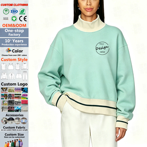 Pull en coton bicolore surdimensionné pour femme avec col montant, bordure à rayures contrastées et broderie appliquée personnalisée – Vente en gros - Product Image 1