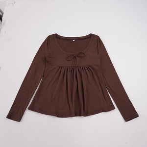 Top Versátil de Otoño-Invierno, Estilo Vintage, Color Sólido, Cuello Cuadrado, Lazo, Corte en A, Manga Larga, Holgado y Elegante - Product Image 6