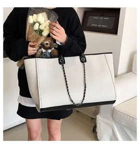 Bolsos de Mano al por Mayor, Bolsa de Lona con Asa de Cuero, Bolsa Negra Lisa - Product Image 5