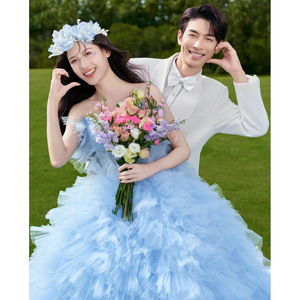 Blue Strapless Ball Gown Wedding Dress Empire Waist Floral Print Forest Theme Long Train Gown - Product Image 2