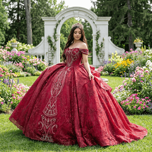 Vestidos de Quinceañera Rojos Wx76, Vestido de Fiesta para Niñas de 15 Años, Encaje con Pedrería, Mangas Desmontables, Falda de Princesa, Jancember - Product Image 1