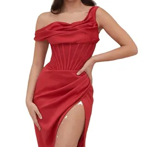 Custom Fashion A-line Slit Ladies Dress Asymmetrc Satin Sleeveless Gown Elegant Summer Evening Dresses