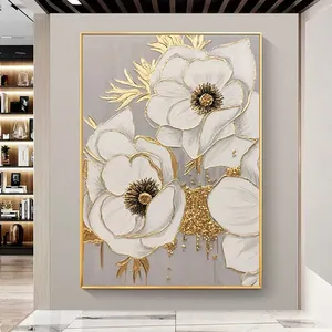 Quadro Moderno su Tela con Fiori Bianchi Dorati, Arte Murale Testurizzata Dipinta a Mano, Decorazione Artistica a Olio per Soggiorno e Camera da Letto - Product Image 2