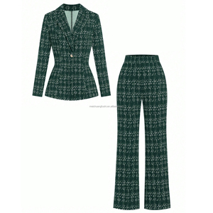 Custom Plaid <strong>Tweed</strong> blazer Wide Leg Pant <strong>Suit</strong> Set for Women Business Career Wear Ladies - Product Image 3