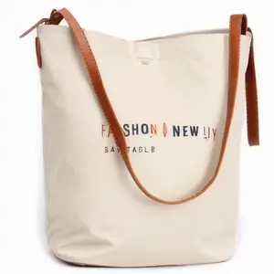 New Fashion Design Custom Logo Colored Recycled Cotton Tote Bag Leather Handles Reusable Canvas Shoulder Bags Brown Recycled Han