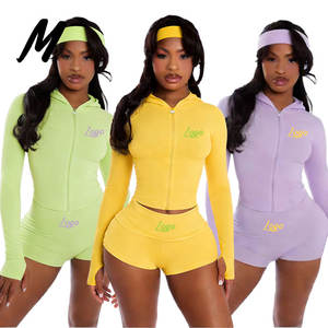 Ensemble 2 pièces personnalisé avec logo pour <span class=keywords><strong>femme</strong></span> : veste courte en coton et short – <span class=keywords><strong>Tenue</strong></span> décontractée <span class=keywords><strong>de</strong></span> printemps pour <span class=keywords><strong>femme</strong></span> - Product Image 1