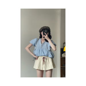 Jupe-short décontractée pour femme de qualité supérieure, taille élastique, avec braguette boutonnée, coupe évasée, respirante, kaki, style coréen, premium - Product Image 4