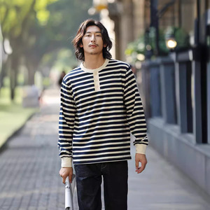T-shirt Henley à manches longues côtelé lâche et épais 230g pour <span class=keywords><strong>homme</strong></span>, style rayé breton pour le quotidien décontracté - Product Image 3