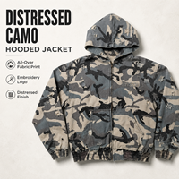 Blouson Bomber Streetwear Personnalisé Effet Usé et Déchiré Camouflage Entier avec Capuche Zippée, Broderie Grille Ripstop et Ourlet Élastique