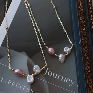 Collier en perles de culture d'eau douce de style baroque rétro français pour femmes, luxe léger, rose pâle et violet, collier clavicule - Product Image 2