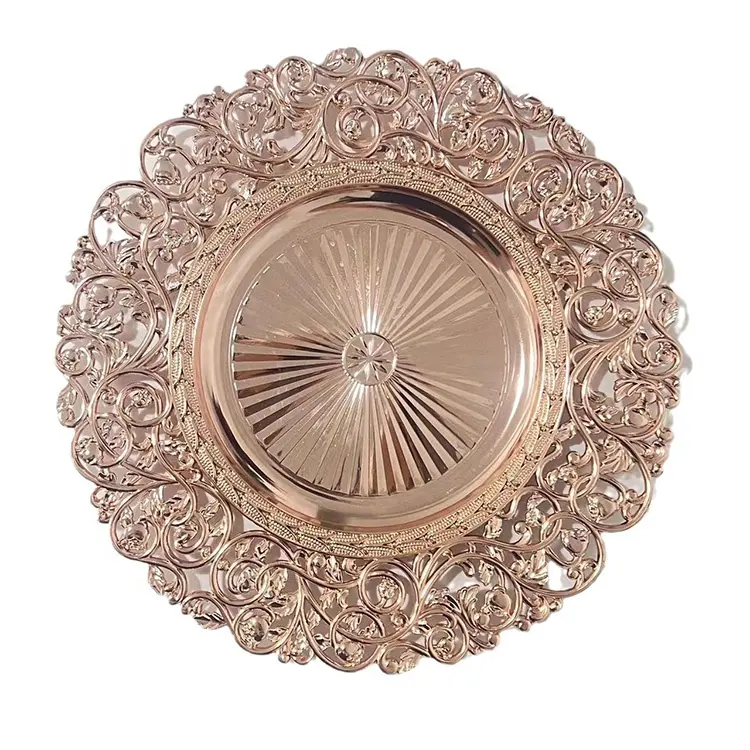 Electroplating round plastic acrylic wedding charger plates wholesale rose gold rim charger plate