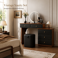 Ensemble coiffeuse vintage en noyer noir avec miroir rond et armoire de rangement, bureau de maquillage en bois avec tiroirs pour chambre à coucher