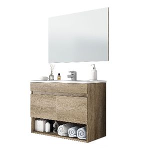 Mueble de baño suspendido de algodón 64 x 80 x 45 cm Nordik, mueble de pared con espejo y estante de almacenamiento - Product Image 1