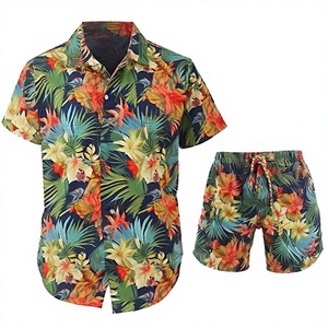 New Summer Floral Casual Breathable <b>Knitted</b> 100% Polyester 300g Tracksuit Men's Beachwear 2 Piece Custom T-shirt Shorts <b>Set</b> - Product Image 3