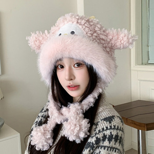 Chapeau d'hiver en peluche pour femmes, design de mouton de dessin animé, bonnet chaud coupe-vent avec protection des oreilles, circonférence de la tête 54-56Cm - Product Image 2