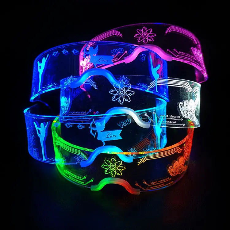 Caja de color Gafas luminosas Tecnología Moda Reproductor de Radio Popular Embalaje OEM Gafas de luz LED Accesorios de Festival Intermitente 5G