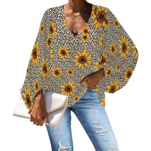 Vente en gros de tuniques de luxe col en V <span class=keywords><strong>grande</strong></span> <span class=keywords><strong>taille</strong></span> pour femmes, t-shirt ample avec impression de fleurs de soleil, chemises et chemisiers à manches longues pour femmes - Product Image 1