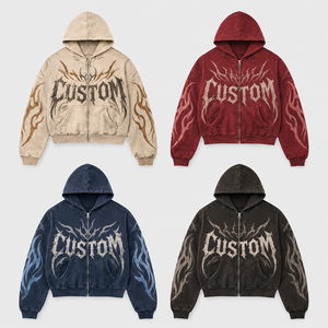 OEM Cropped Zip Up Hoodie Boxy Blue Vintage Wash Paint Splatter Graffiti Streetwear Custom Logo Men Hoodie - Product Image 3