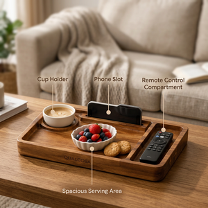 Plateau de service ottoman moderne pliable en bois d'acacia avec poignées réglables, porte-gobelet, fente pour téléphone et compartiment pour télécommande pour canapé - Product Image 2