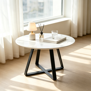 Table basse moderne ronde en pierre frittée, plateau aspect marbre blanc, pieds en métal noir, table centrale pour salon, mobilier d'hôtel - Product Image 3