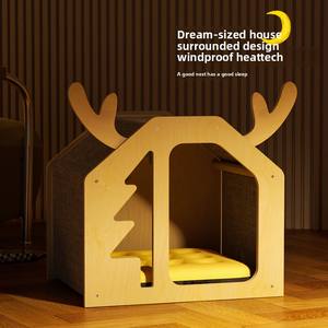 Elk-thème bois massif multicouche chat chien maison hiver chaleur nid tapis PP matériel boîte emballage pour noël lits pour animaux de compagnie - Product Image 3