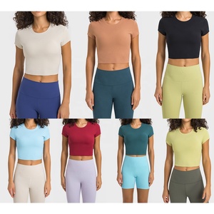 Ingrosso Tee corte Plain T-Shirt alla rinfusa estiva abbigliamento sportivo High Street allenamento o-neck taglio cucire T-Shirt <span class=keywords><strong>Crop</strong></span> top per le donne - Product Image 2