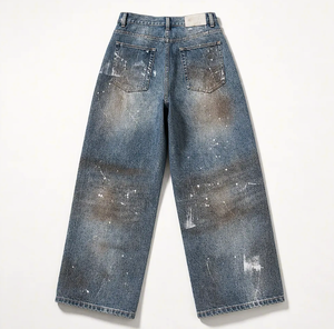 Jean ample vintage Wangsheng pour homme, coupe large, taille mi-haute, effet éclaboussures de peinture, en denim extensible (spandex/coton), délavage moyen, style années 90 - Product Image 2