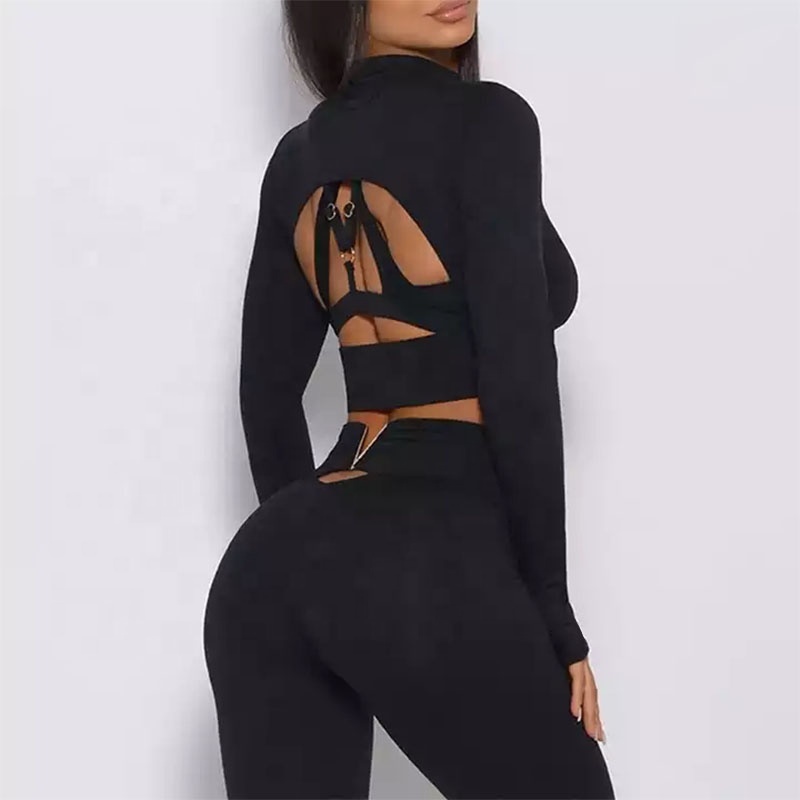 Custom Logo Wholesale 3 Piece Sportswear Long Sleeve Crop Top Pant Yoga Workout Set Women Clothing Active Wear Gym Fitness Sets
