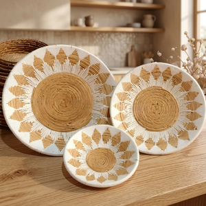 Lot de 3 paniers muraux tressés modernes style bohème en jonc de mer naturel, assiettes murales décoratives faites à la main motif soleil, bols suspendus pour la décoration intérieure - Product Image 3