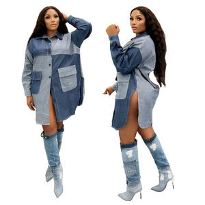 Nuovo Modello Dropshipping Abito in Jeans con Tasche Applicate Lavaggio Vintage Sexy a Maniche Lunghe Oversize per Donna - Product Image 1