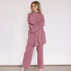 Autunno camicia da notte a maniche lunghe pantaloni larghi in Crepe tuta pigiama da donna abbigliamento da notte tinta unita - Product Image 4