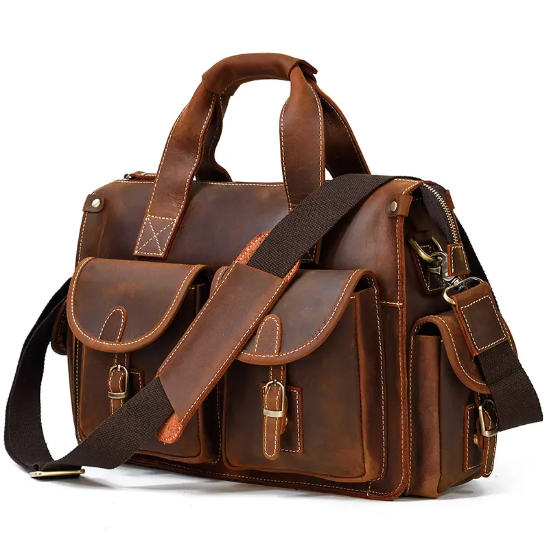 Bolsa de viagem estilo vintage com logotipo personalizado, bolsa de ombro para laptop de 15 polegadas, couro de cavalo louco para homens e viagens de negócios
