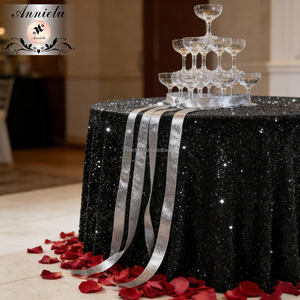 ANNIELU Newest Shinny <strong>Black</strong> Round Velvet <strong>Tablecloth</strong> with 3mm Glitter Sequin for Wedding Event Party Table Decoration - Product Image 3