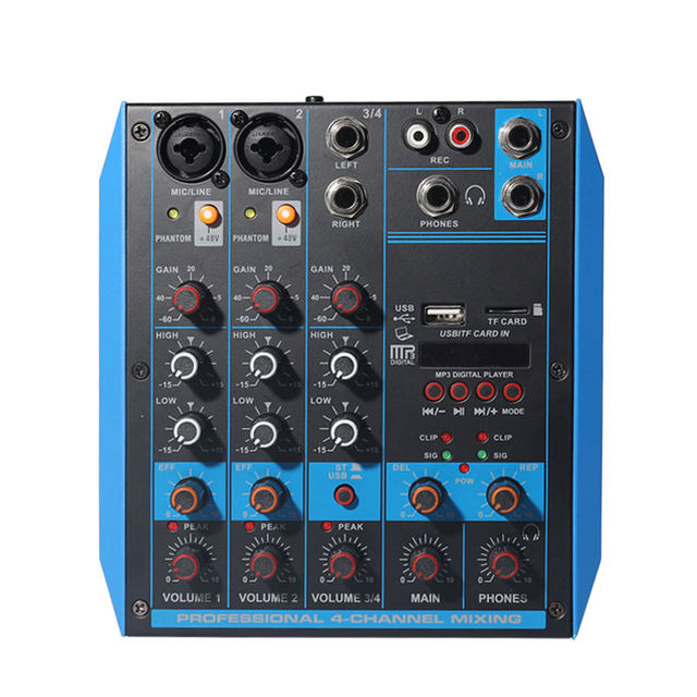 Professional 48V Phantom USB Audio Interface 4-Channel Powered Mixer Console with 3 Segment EQ and Music Player for Stage Use