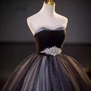 Strapless Evening Gown Black Ball Gown Organza Natural Waistline Elegant For Banquets Parties Hostess Art Exams - Product Image 1