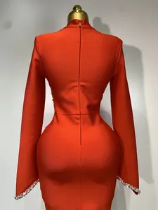 Abito da Sera Lungo Aderente da Donna, Stile Club Sexy, con Maniche Lunghe, Perline, Scollatura Illusione, Collo Alto, in Spandex/Poliestere - Product Image 6