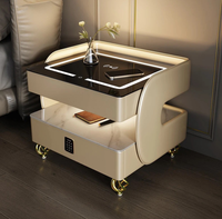 Table de chevet intelligente moderne de luxe en bois de pin avec lumière LED, charge sans fil, haut-parleur Bluetooth, lumières à capteur et roulettes