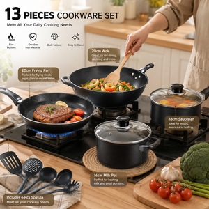 Batterie de cuisine en fonte antiadhésive 13 pièces, comprenant une poêle à frire de 20 cm, des casseroles de 18/20 cm, une casserole à lait de 16 cm et 6 spatules, compatible tous feux - Product Image 4