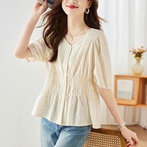 Cotton Hollow-out Embroidered Apricot <strong>Shirt</strong> <strong>Women's</strong> Short-Sleeved Summer New Design Chic Coat Small <strong>Shirt</strong> - Product Image 1