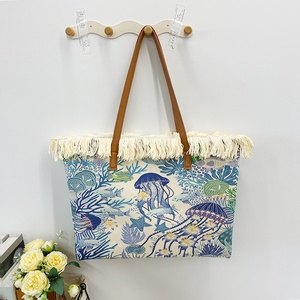 <span class=keywords><strong>Sac</strong></span> à bandoulière grande capacité pour femme, motif marin imprimé, avec deux sangles, en toile, style rétro, à pompons, fermeture éclair, pour la <span class=keywords><strong>plage</strong></span> et les voyages, collection Printemps-Été - Product Image 2