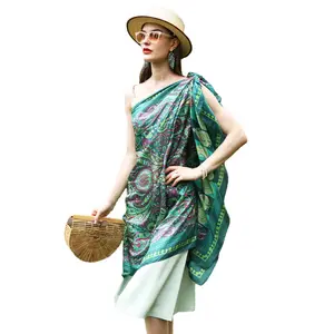 Grand foulard de luxe en soie syal wanita, selendang logo kustom georgette crepe ukuran besar hijab sutra murni hijau zaitun