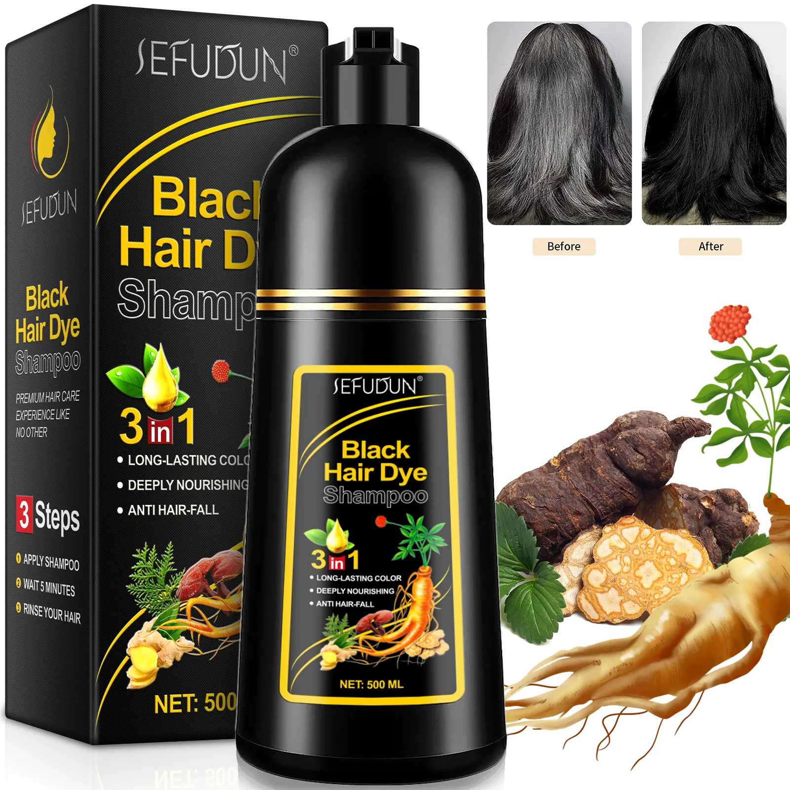 SEFUDUN nutre profundamente la prevención de la caída del cabello 3 en 1 planta burbuja negro chino hierbas tinte para el cabello champú, champú tinte para el cabello