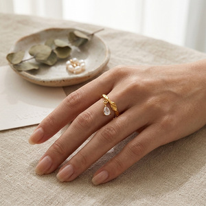 Stainless Steel 18K Gold Plated Hammered Texture <b>Ring</b> Dangling Teardrop Zircon Charm Vintage <b>Statement</b> Finger <b>Ring</b> For Women - Product Image 2